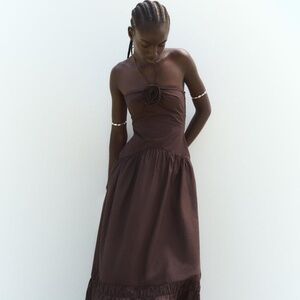 ZARA WOMAN POPLIN MIDI DRESS WITH TEXTURED FLOWER BROWN NWT SIZE S 0881/35